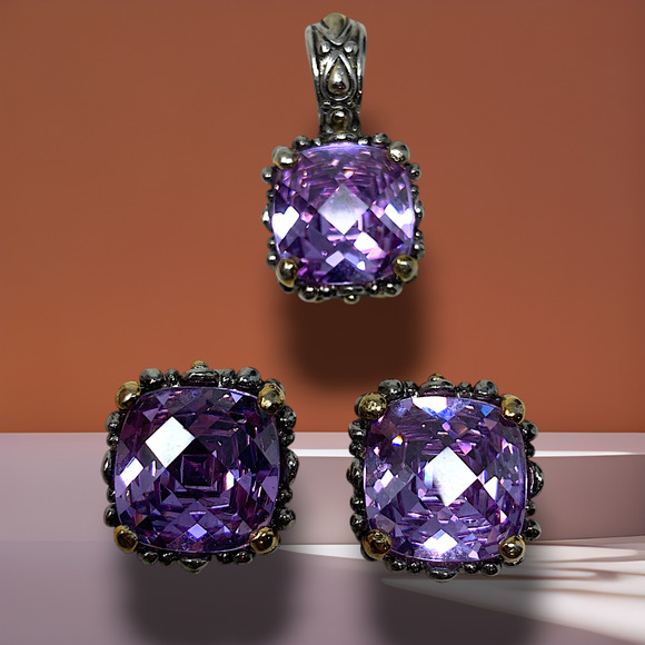 Unbranded Jewelry - Vintage Purple Crystal Pendant Earrings Set Cushion Cut Gold Tone 80s Glam